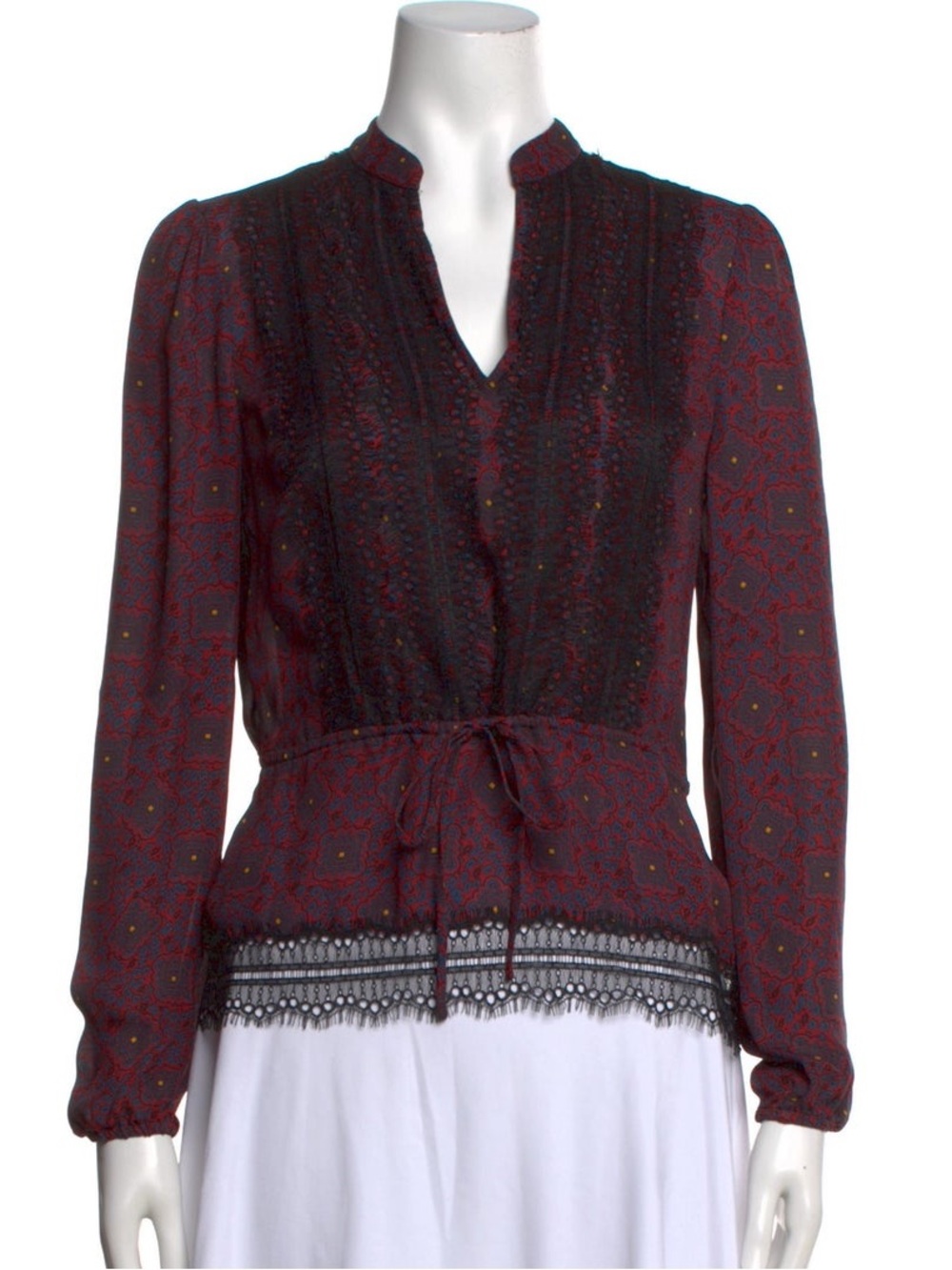 Veronica Beard Burgundy and Black Lace-Trim Peplum Blouse